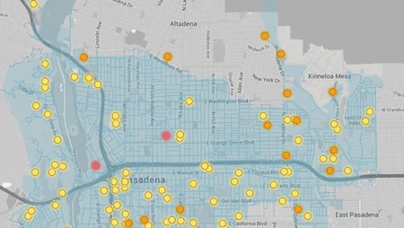 A screenshot of an interactive map by Environmental Defense Fund shows methane gas leaks from natural gas lines in Pasadena, California that were detected by a car equipped with an air monitor. Red points on the map represent high volume leaks; Orange points are medium; Yellow points are low. All the leaks were deemed non-hazardous. (Environmental Defense Fund)