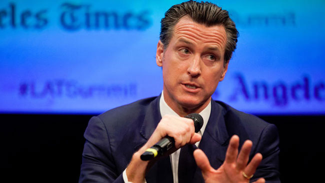 Lieutenant Governor Gavin Newsom speaks to the audience during the Los Angeles Times Summit: Powering Forward at The Broad Stage in Santa Monica, CA., on Friday, July 15, 2016. (Jenna Schoenefeld / For the Los Angeles Times)